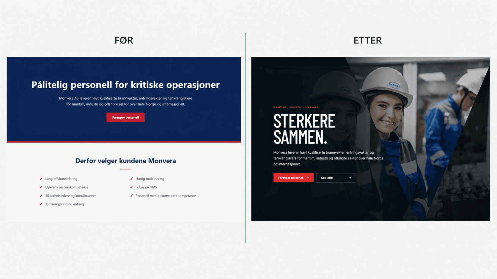 Sammenligning av Monveras gamle og nye nettside
